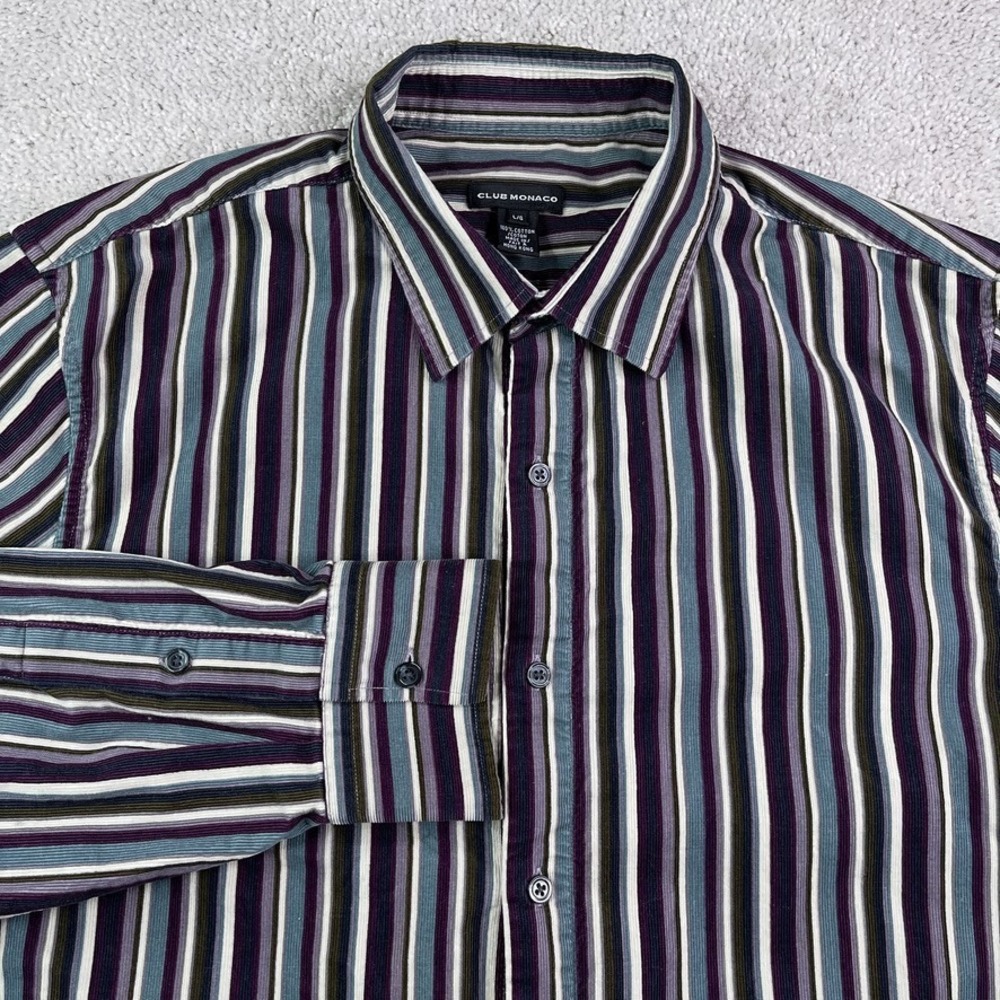 Club Monaco Shirt Mens Large Purple Blue Vertical Stripes Corduroy Cord Casual